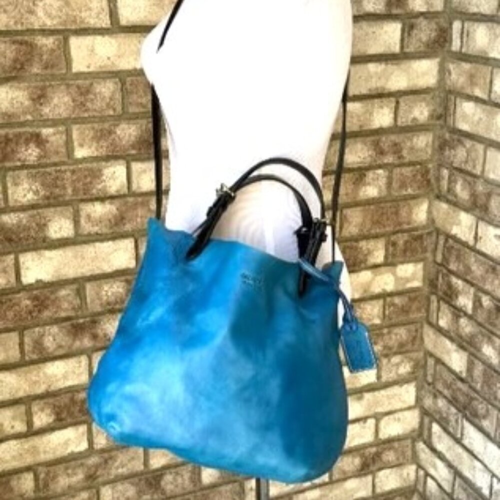 Blue Leather Tote Bag with Black Handles